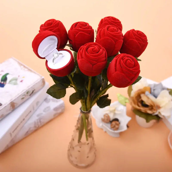 Red Rose Flocked Jewelry Box Creative Proposal Ring Storage Box