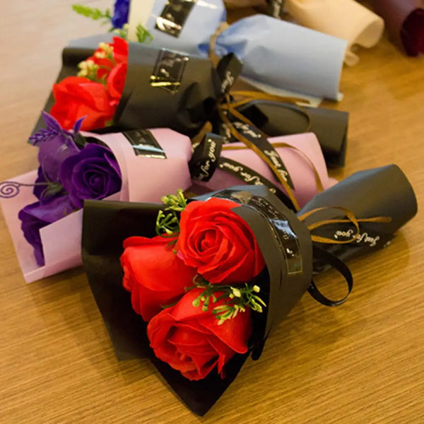 3 Heads Mini Artificial Rose Bouquet Hand Holding Soap Flower