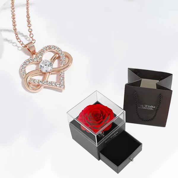 Luxury Zircon Pendant Heart Necklace With Rose Flower Gift Box