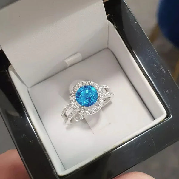 Delicate Blue White Stone Zircon Engagement Silver Color Round Ring